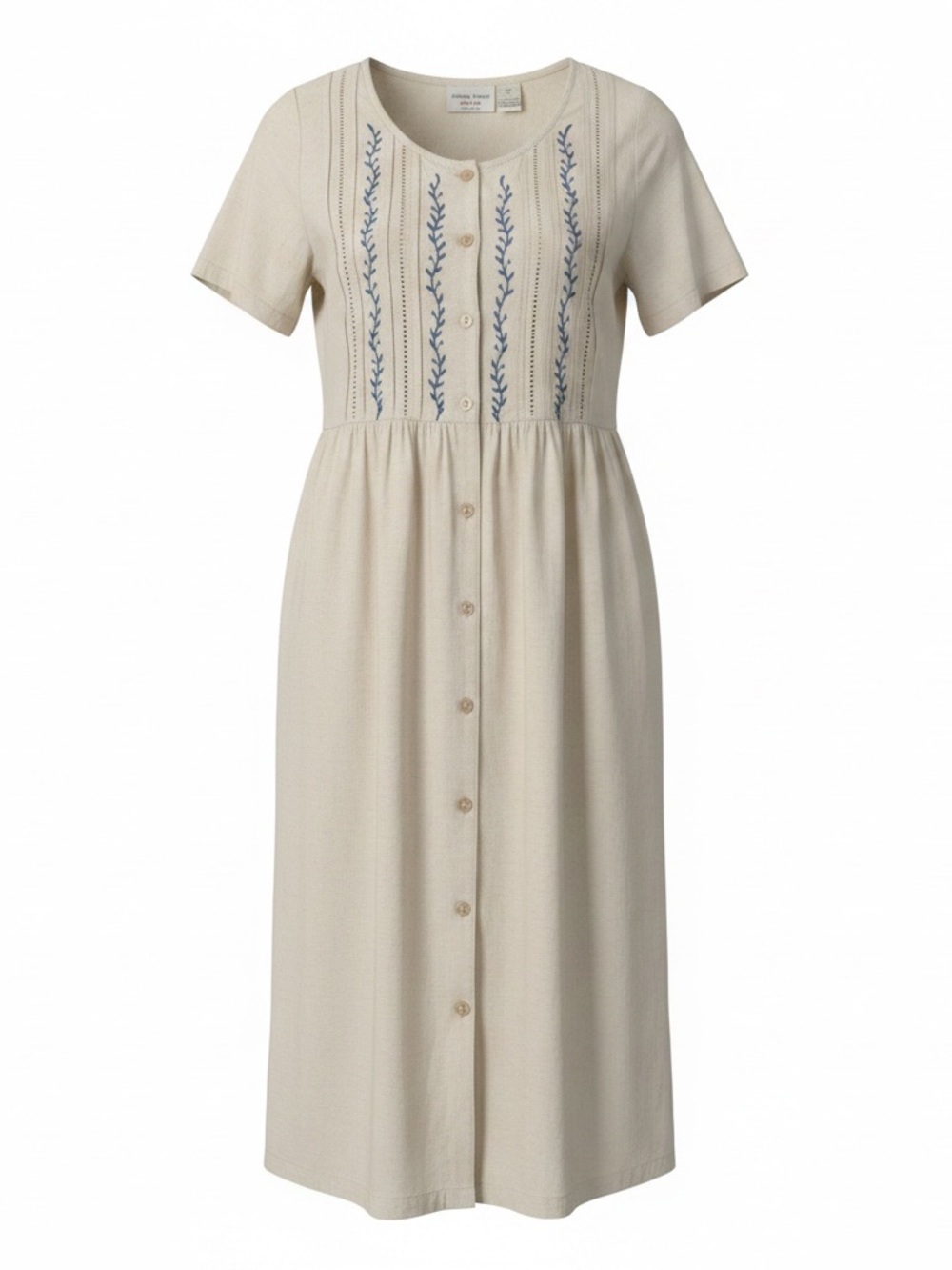☀️ Amanda Stewart • Cream Button-Fromt Midi Dress &Blue Embroidery • women’s Med